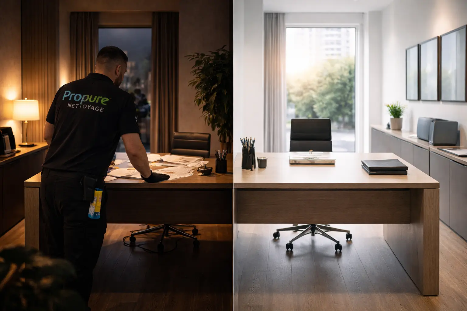 Avant après nettoyage de bureau par Propure Nettoyage - intervention en soirée dans l'Ain