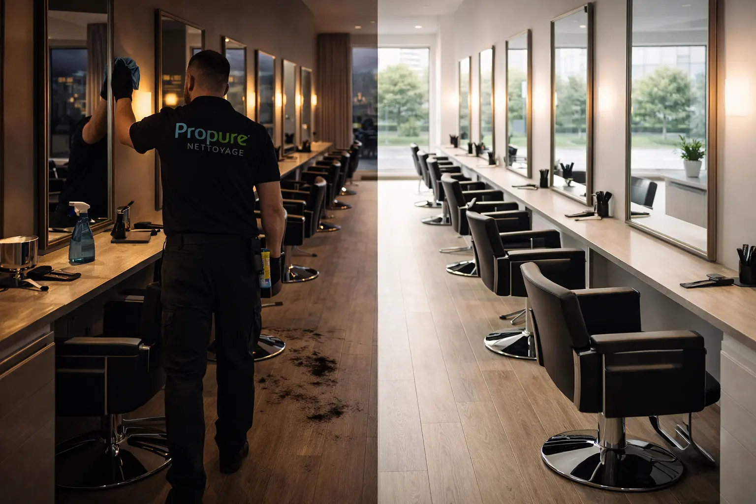 Avant après nettoyage d'un salon de coiffure par Propure Nettoyage dans l'Ain